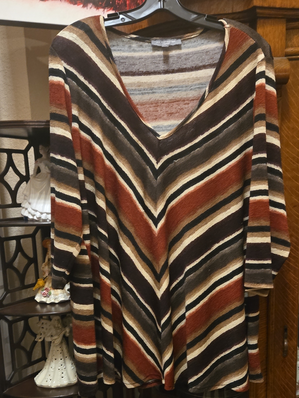 NY Collection Women's V-Neck Sweater - Brown, Cream, Black Stripes